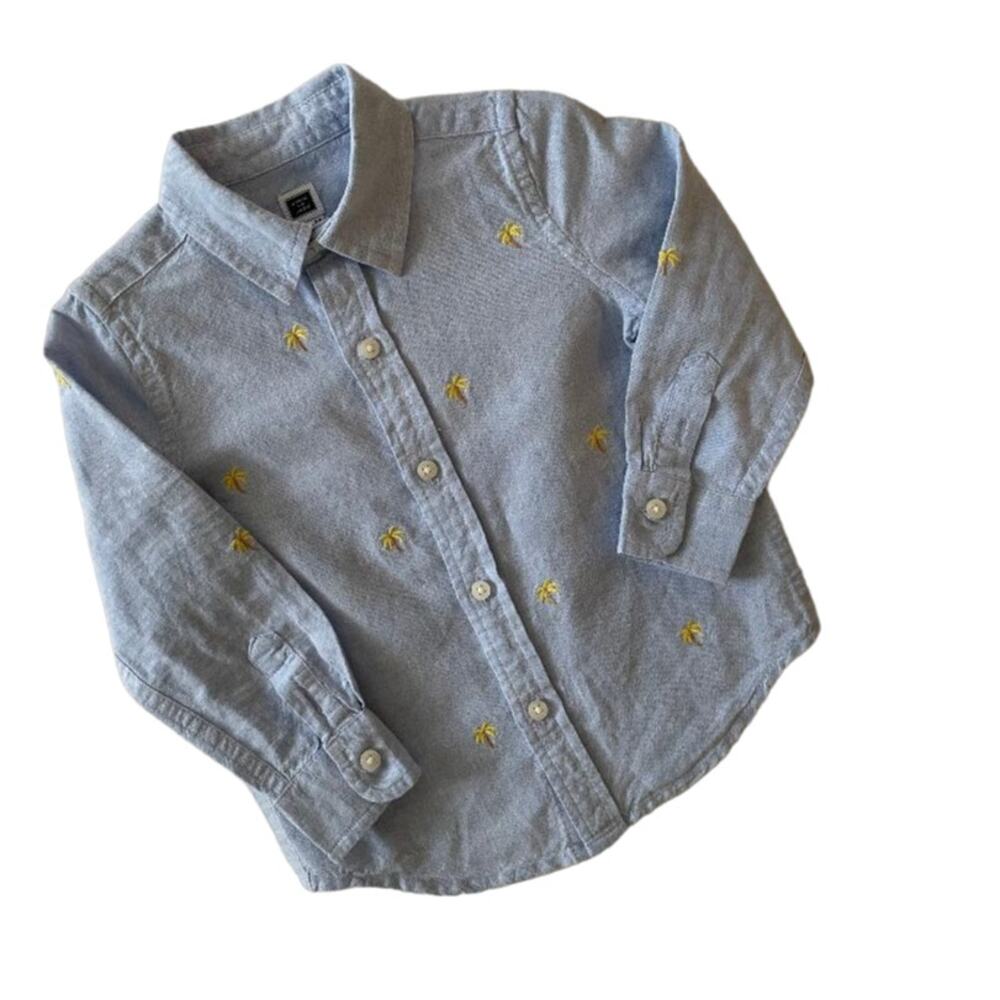 Boys Blue Chambray Button Down Palm Tree Embroidery Long Sleeve 18-24 Months
